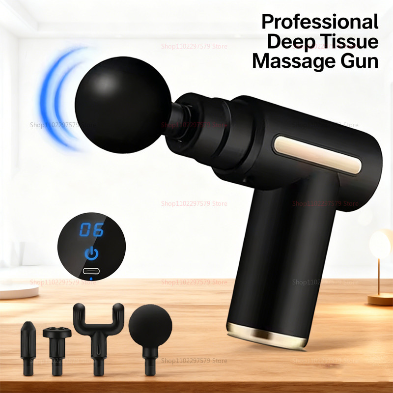 Fascia Gun Deep Tissue Massager 6 Adjustable Speeds 4 Massage Heads Quiet Brushless Motor Portable