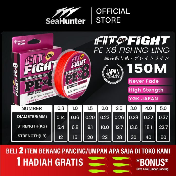 Kemasan BaruSeahunter Fit Or Fight Pe X8 150M/300M Senar Pancing, Tahan Aus Senar Pe X8 Hijau Merah