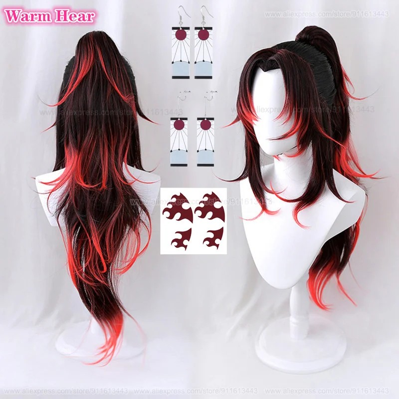 80cm Long Tsugikuni Yoriichi Synthetic Anime Black Red Wig Cosplay Anime Wig Heat Resistant Hair