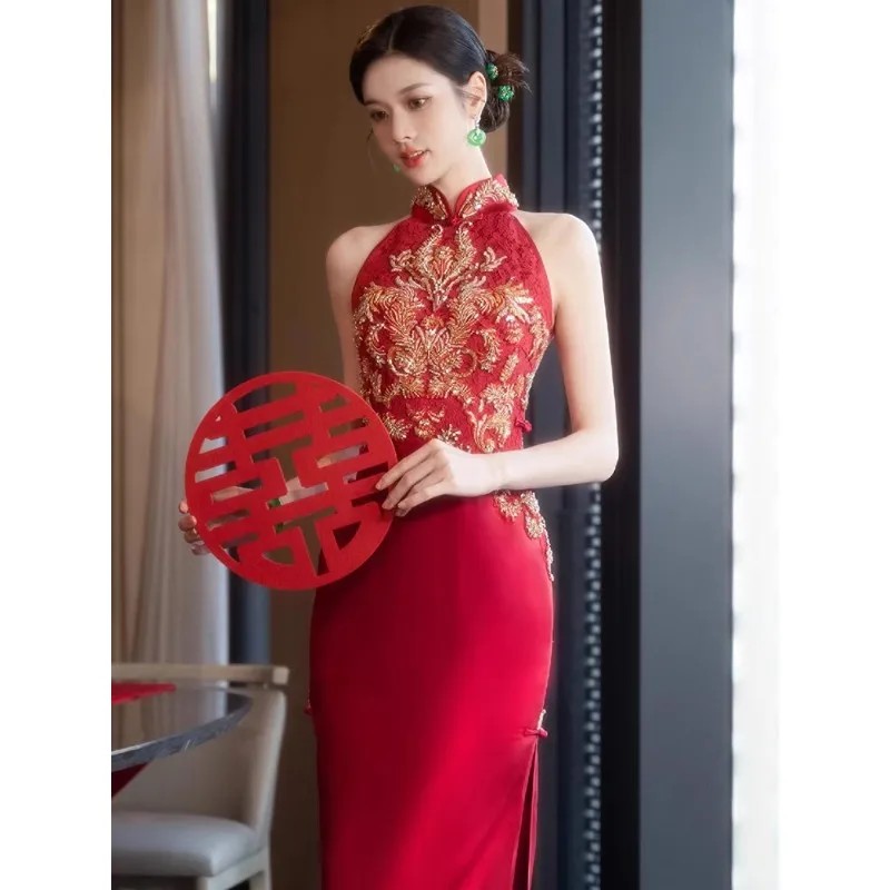 Autumn Traditional Chinese Clothing Qipao Red Sleeveless Stand Collar Embroidery Cheongsam Wedding