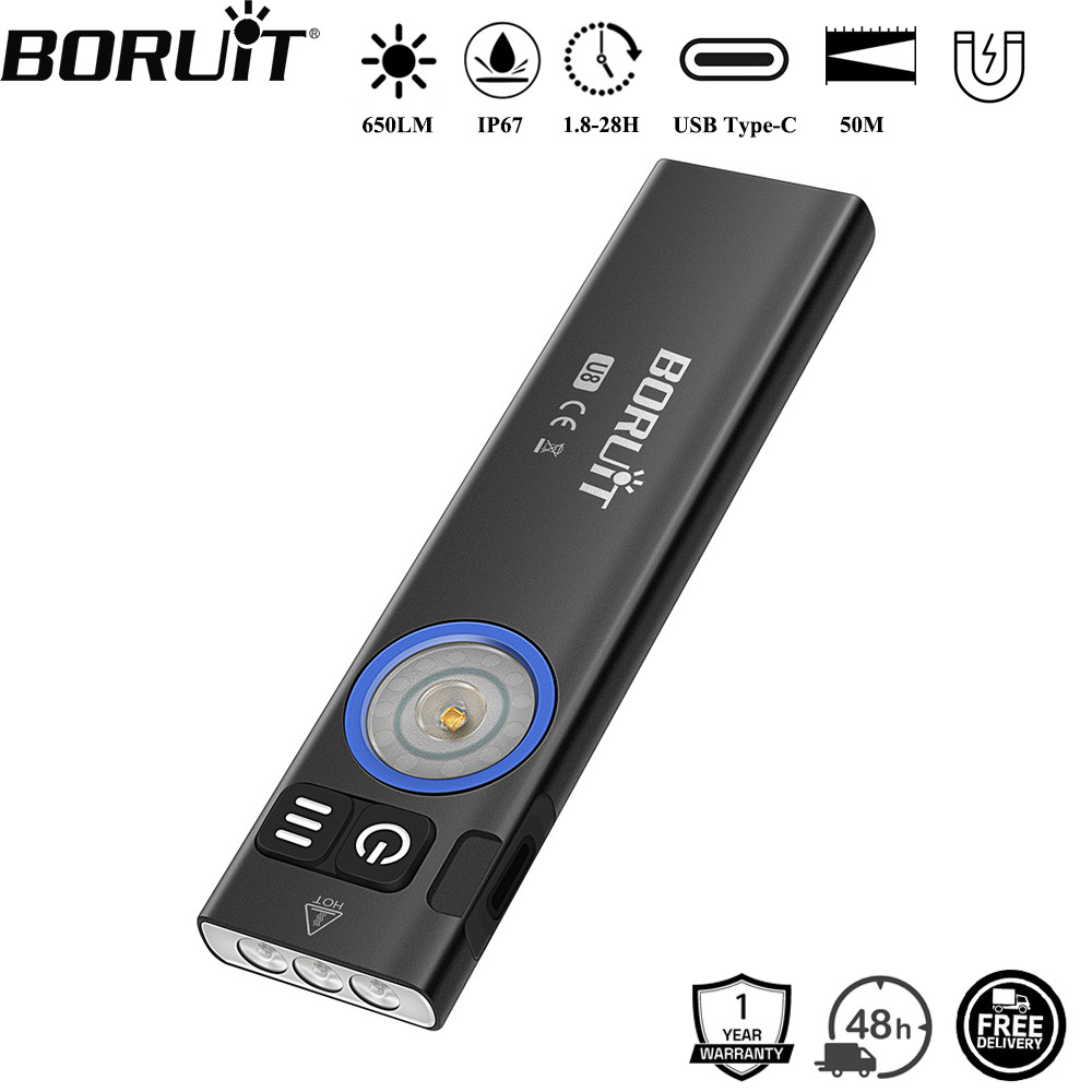 BORUiT U8 650LM EDC LED Flashlight Type-C Rechargeable Work Light Torch with Magnet Waterproof