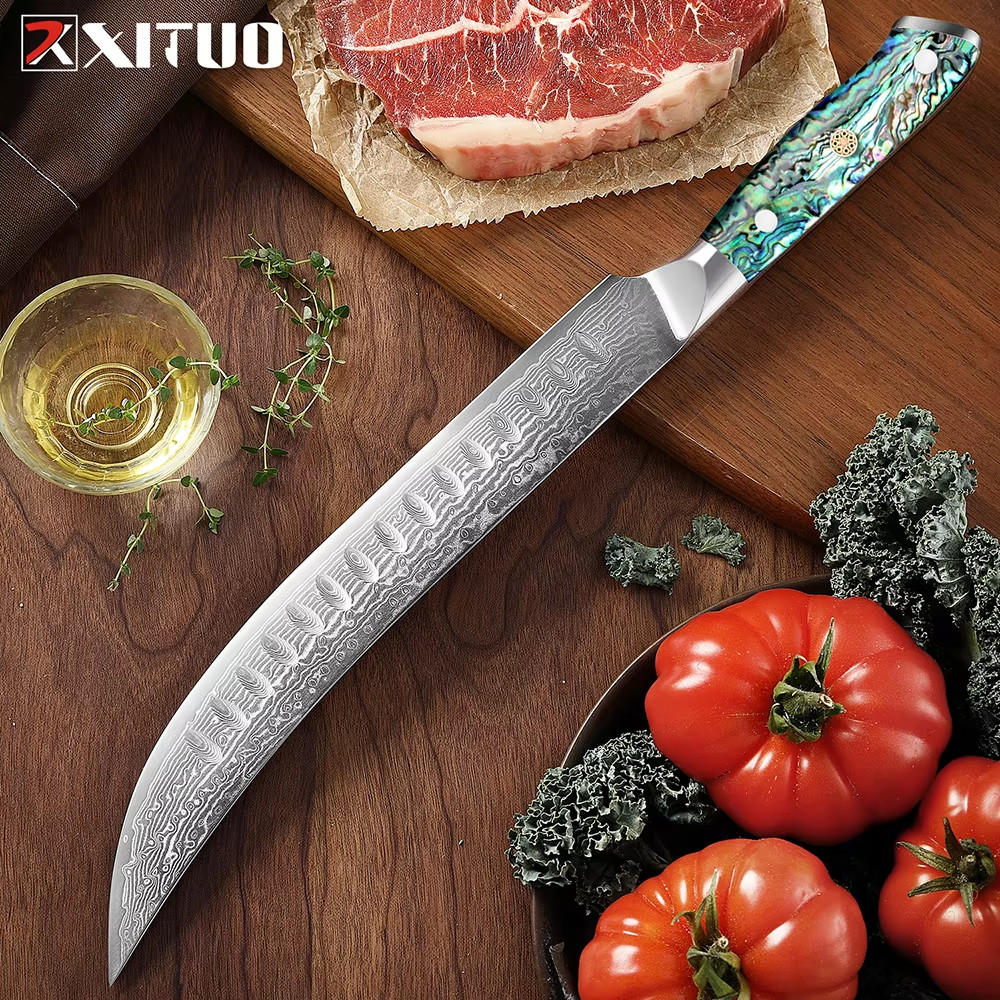 Damascus Ham knife Japan VG-10 Steel Brisket Slicing Knife Kitchen Knife Dazzling Abalone Shell