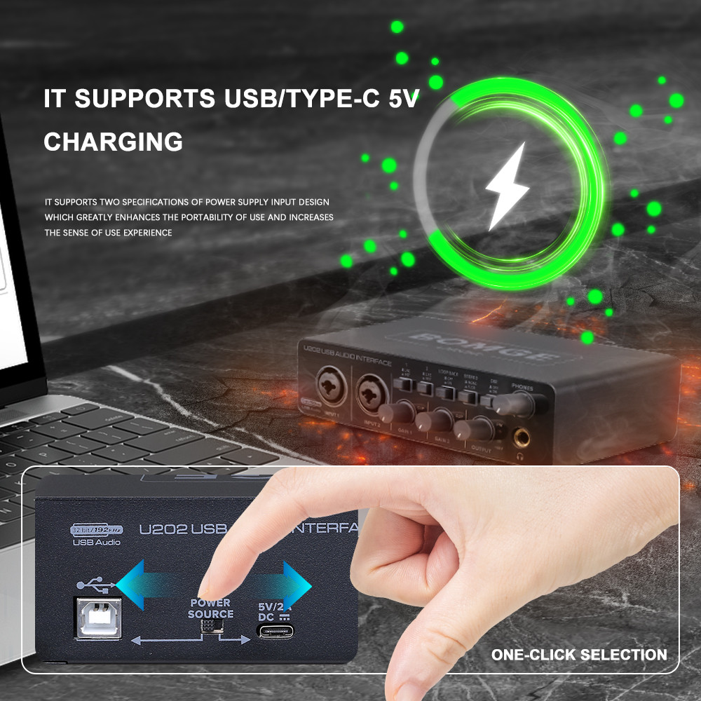 BOMGE U202 USB Audio Interface with Mic Preamplifier XLR/TSR/TS Ports 48V 32-Bit/192kHz Resolution