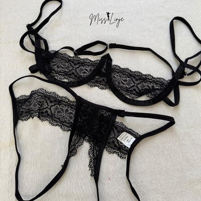 MissLinje Set Lingerie Bikini Bustier Bra dan G String Sexy Open Crotch Premium