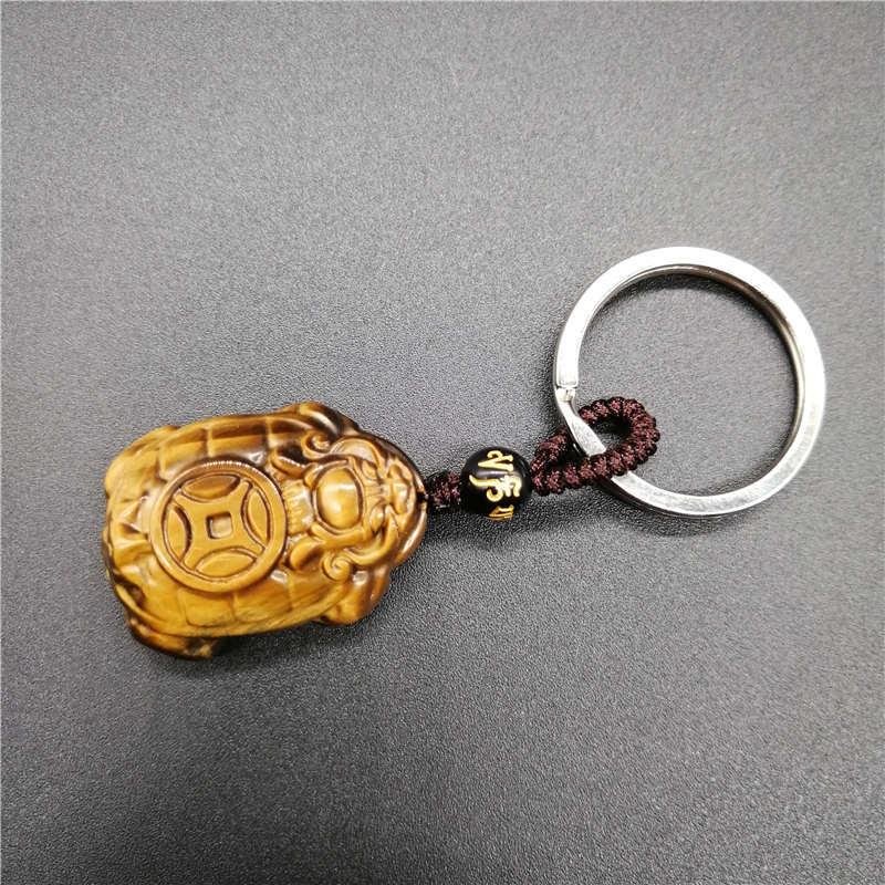 Natural Yellow Tiger eye KeyChain Carved Chinese Dragon Turtle KeyChain Lucky Amulet Bring Wealth