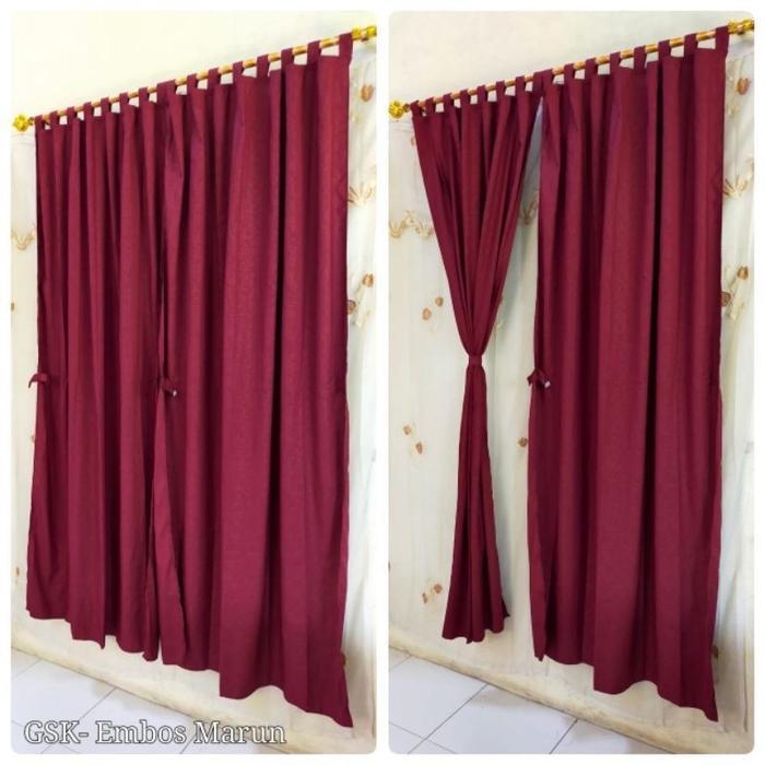 Sale [ Pintu Dan Jendela ] Gorden Tali + Poni Motif Embos / Emboss / Polos Merah Maroon Renda