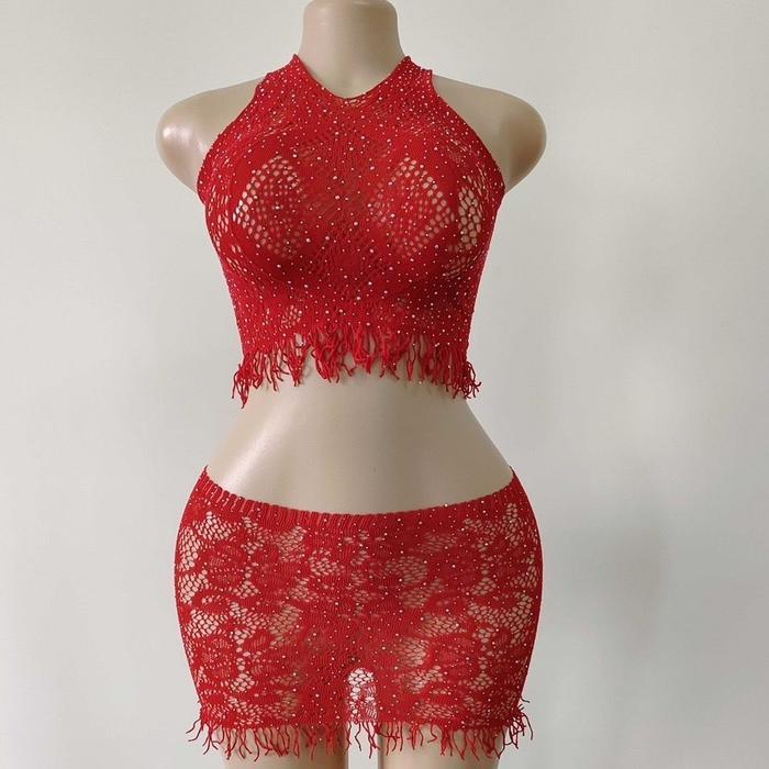 Diskon Set Lingerie Wanita Halter Neck Rhinestone jaring Rok Mini A592 Transparan Tidur New