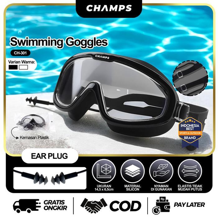 CHAMPS Kacamata Renang Dewasa Anti UV CH-301 Swimming Goggles dengan Ear Plug Built-in Anti Fog &