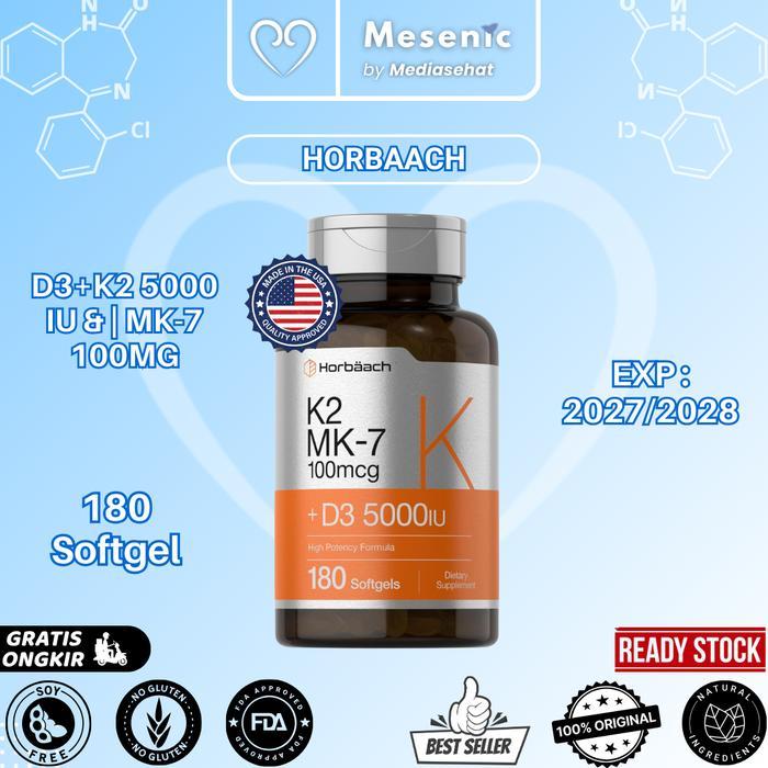 Horbaach Vitamin D3+K2 5000 IU 100mcg MK-7 Complex 180 & 60 Softgels