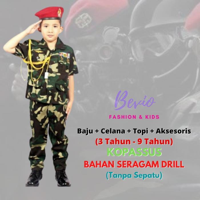 Kostum profesi anak kopassus komplit baju seragam topi baret merah
