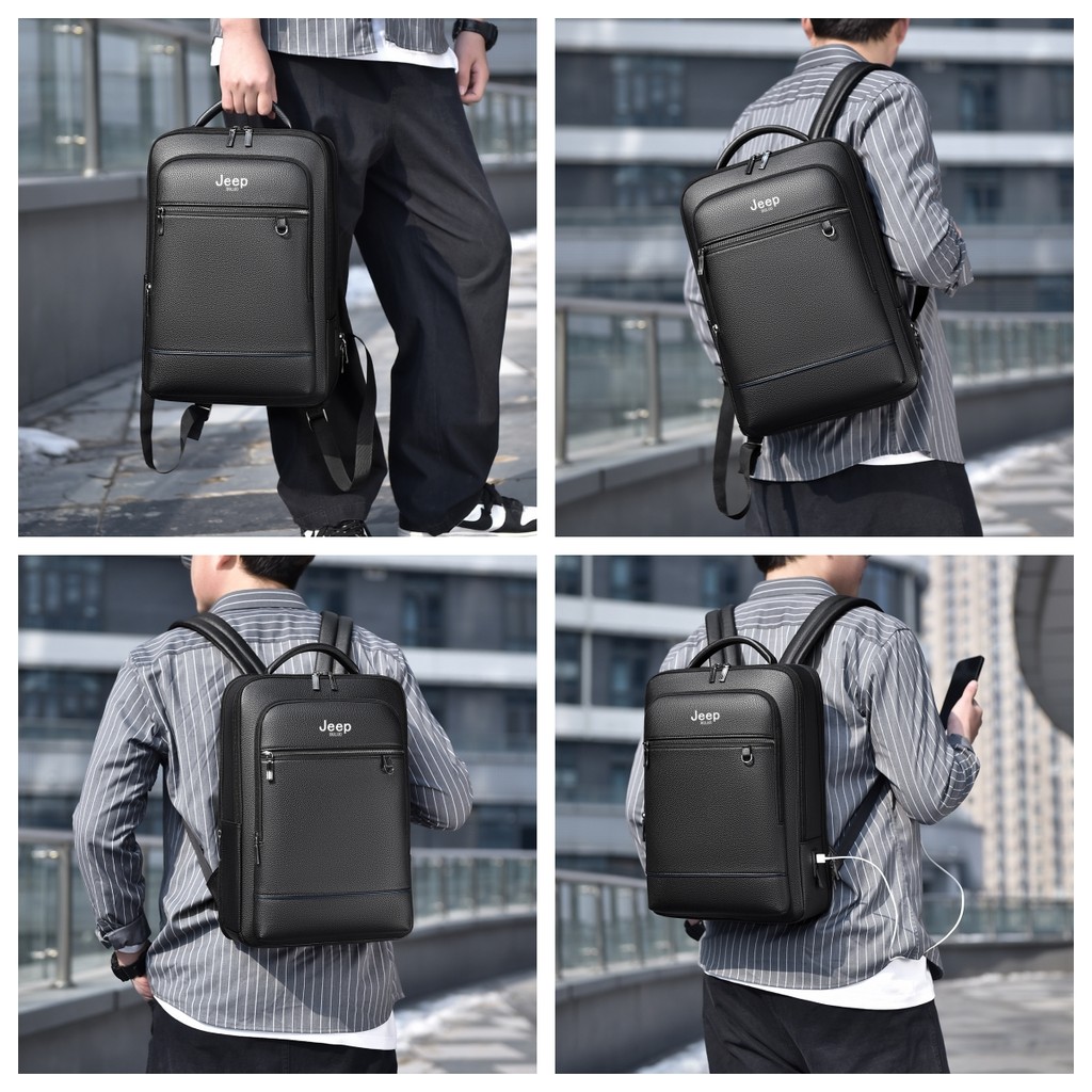 JEEP Brand Men backpack for 14 inches laptop bags genuine cow leather High-quality 3D USB charging
