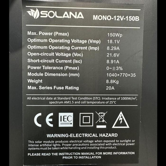 TERLARIS SOLANA SOLAR CELL/PANEL SURYA BLACK MONOCRYSTALLINE 12V 150WP PANEL SURYA MONOKRISTALIN 12V