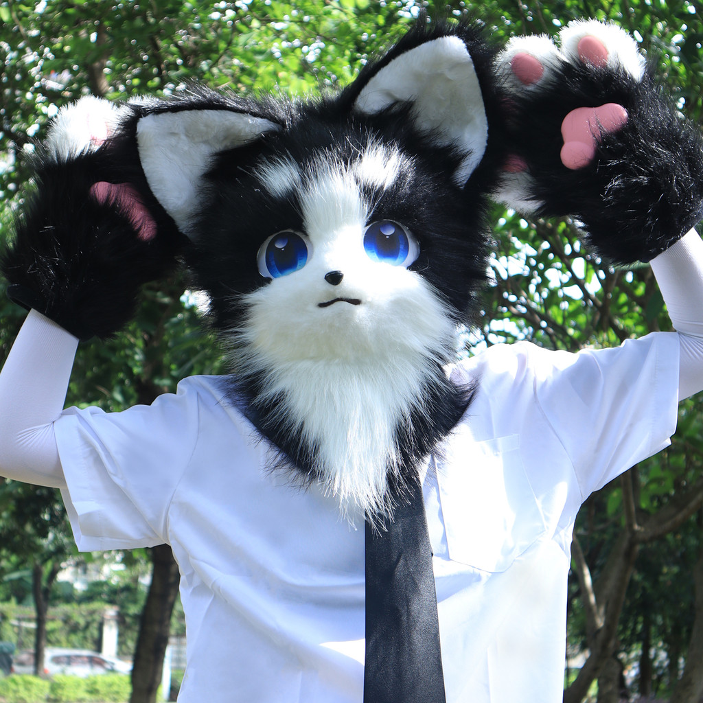 Animal Cat Fursuit Head Mask Furry and Therian Paw Gloves Set for Halloween Cosplay Costume