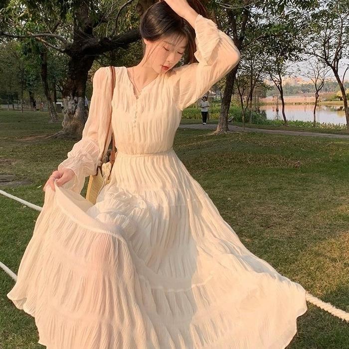 New Gaun Putih Sifon Retro Lengan Panjang Wanita Long Dress Casual Fairy Dress Cream Dress Pantai