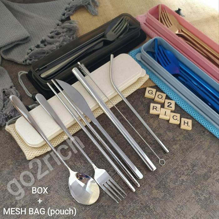 Sendok Set Sendok Korea Set Garpu Sumpit Pisau Sedotan Stainless Steel