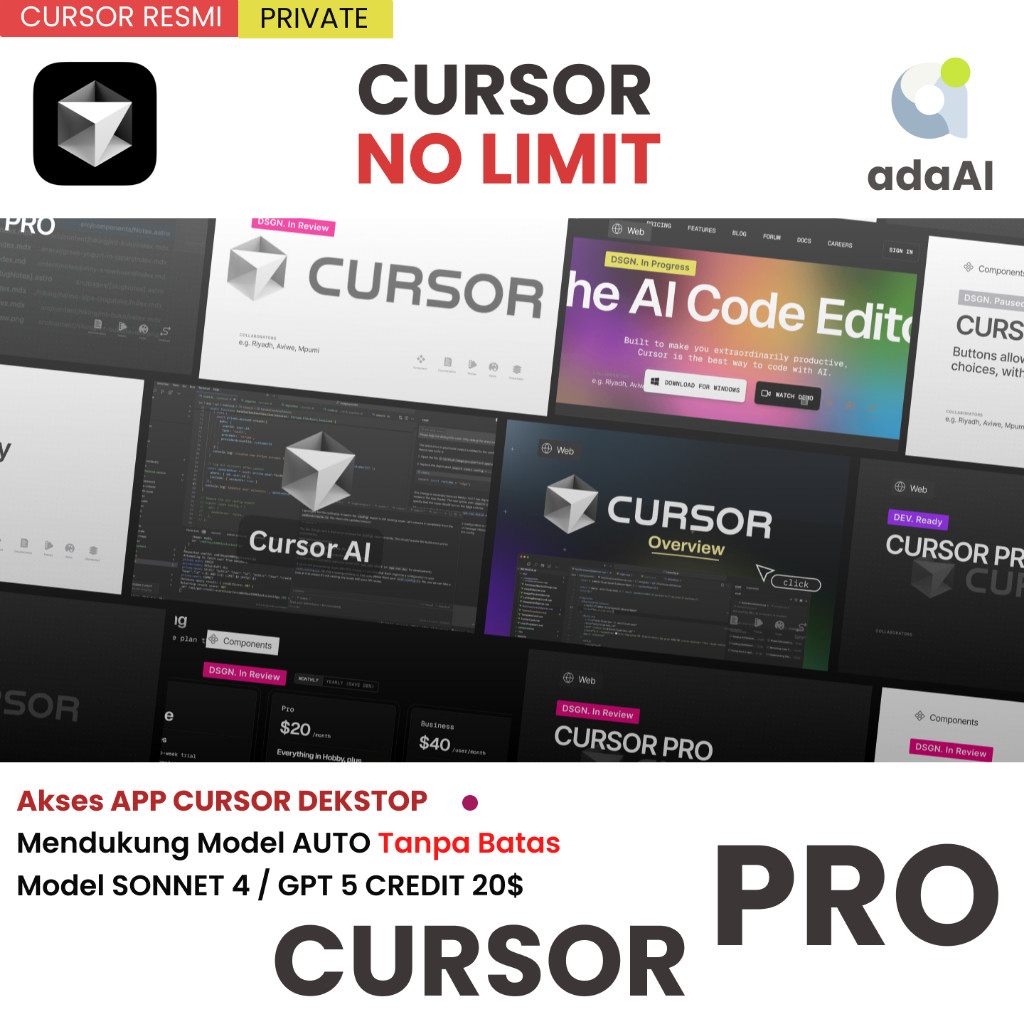Cursor AI Pro Premium Editor Coding Bulanan Dev | Software Garansi