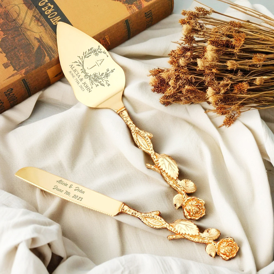 Custom Wedding Cake Knife Set Rose Shovel and Knife for Wedding Cake Laser Engraving Personalized
