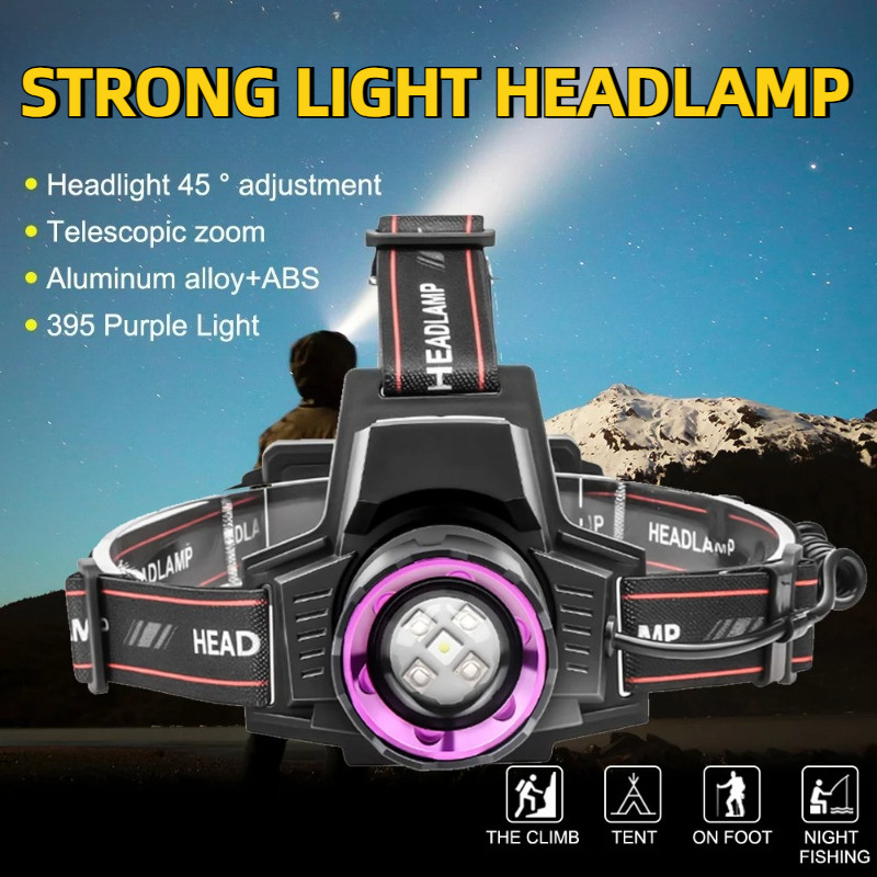 Superbright LED White Laser Headlamp UV Purple Light Lamp Zoomable Waterproof Rechargeable Headlight