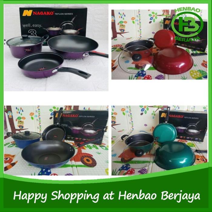 OSI NAGAKO PANCI TEFLON SERIES SET 3 PCS FRYPAN WAJAN WOK ANTI LENGKET