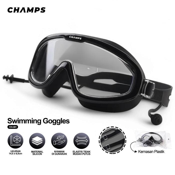 champs kacamata renang dewasa anti uv ch-301 swimming goggles dengan ear plug built-in anti fog &