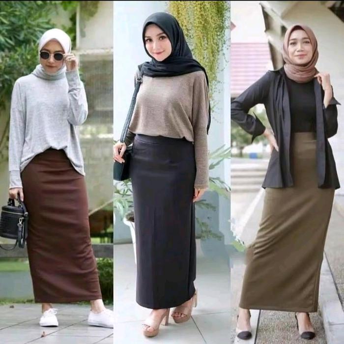 Rok span scuba premium/rok span wanita polos Hitam Panjang Muslim Bawahan Karet Kerja Casual Putih