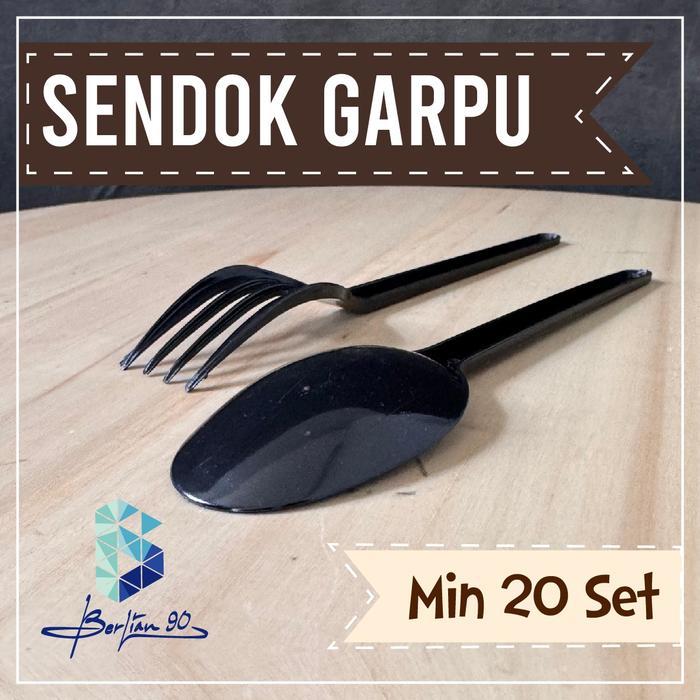Isi 20 Set Sendok Plastik Hitam Ecer / Sendok Garpu Set Plastik Higienis