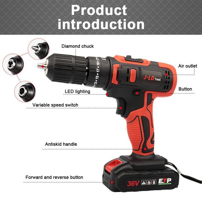 Krisbow - Cordless Drill 36V Impact Cordless Bor 13Mm Chuck Bor 35N.M Impact Drill Variabel Speeds