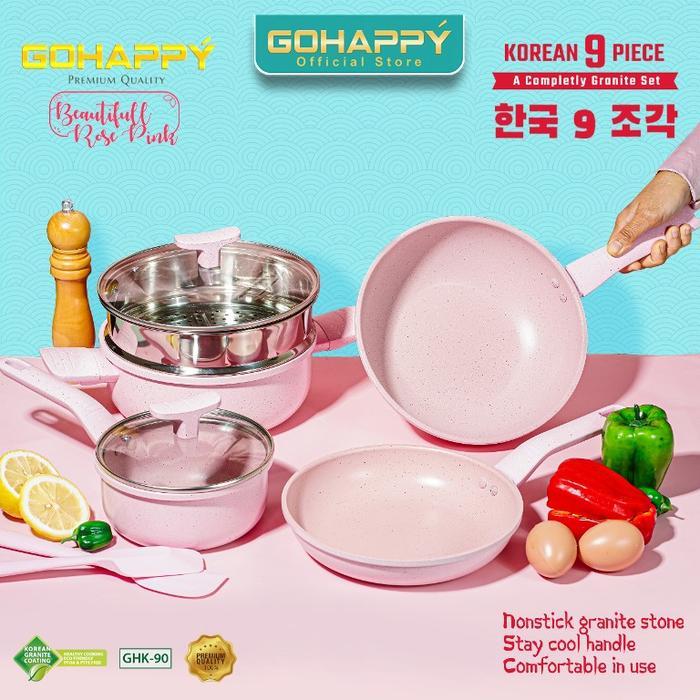 Panci Gohappy Korea Anti Lengket Ghk-90 Panci Set Granite Isi 9 Pcs Casserole Fry Pan Wok Pan Milk