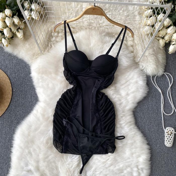 Diskon Lingerie Wanita Dress Mini Ketat Baju Tidur Tipis Deep V Sling Thong A510 Transparan New