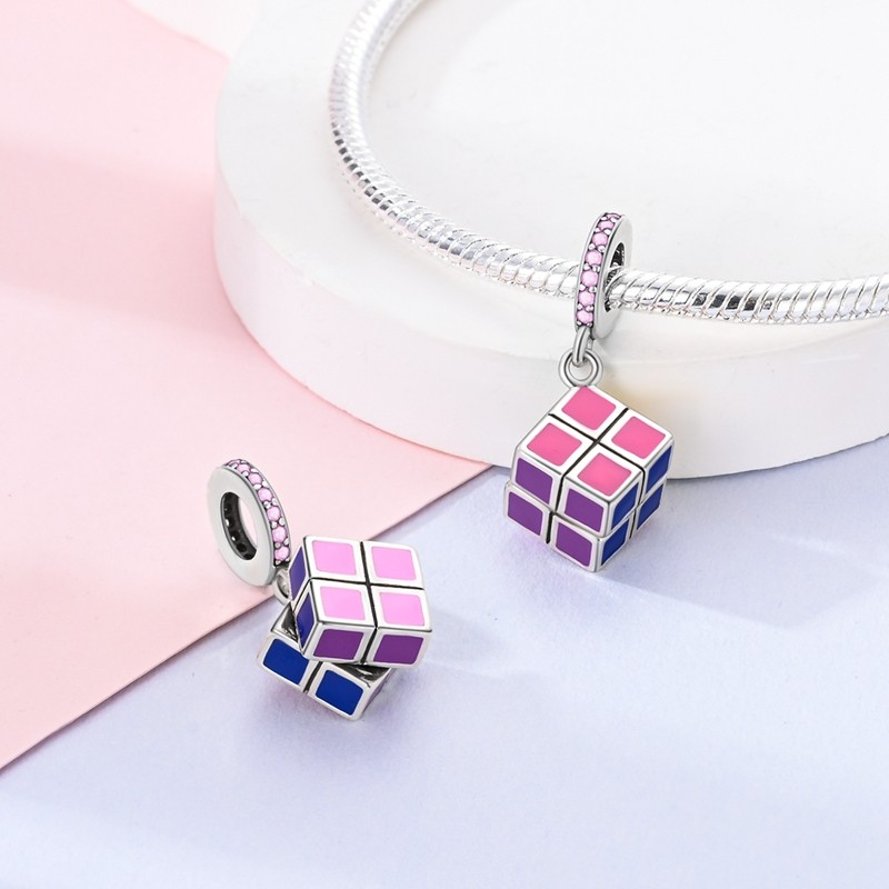 Original 925 Sterling Silver Charm Beads 4x4 Rubiks Cube Style Pendant for Women Fit Original