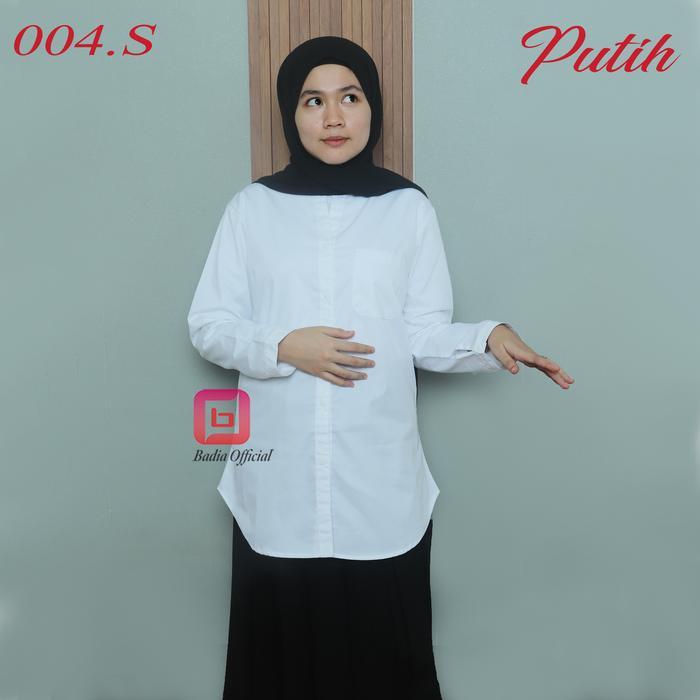 dxo kemeja tunik putih tanpa kerah saku kantong depan polos wanita shanghai panjang jumbo premium