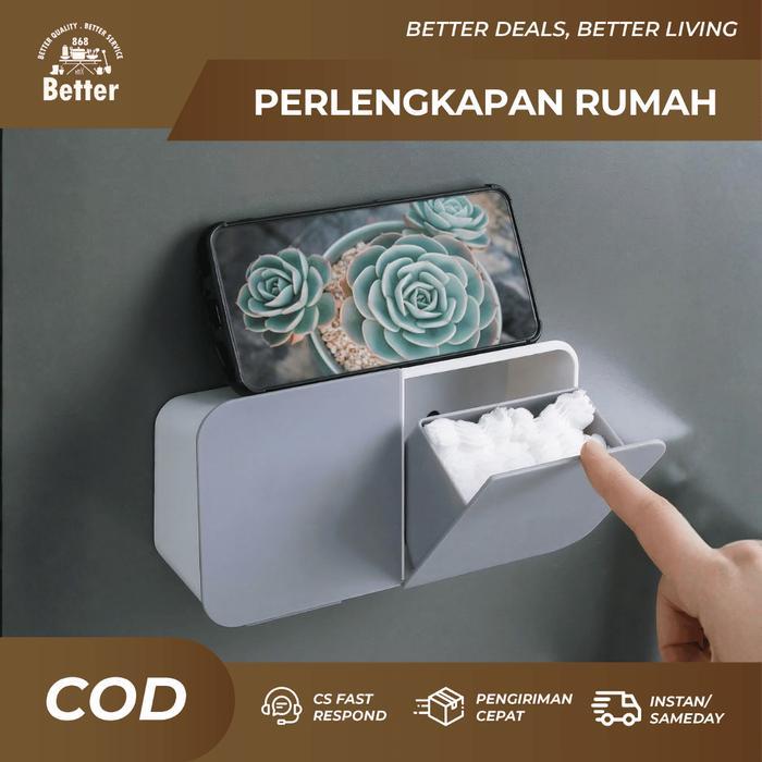 Kotak Kapas Cotton Bud Makeup Organizer 2in1 Rak Tempel Dinding