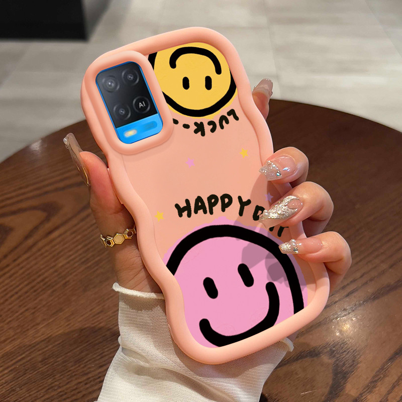 Casing HP Untuk OPPO A54 Case Aesthetic Smiley Face Kasing silikon Cesing bingkai krim Softcase anak