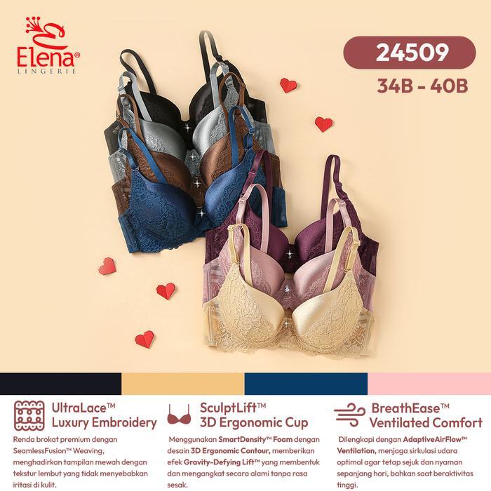 Elena E 24509 Bra Kawat Busa Tipis Cup B Kait 3 Brokat Renda Bh Harian 34B - 40B