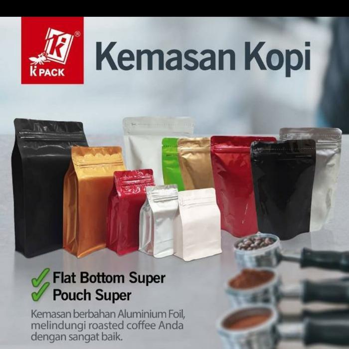 New Plastik Kopi 100 gr K-Pack bentuk Flat Bottom 9,5x15 cm+ Ziplock Klip Untuk Dapur