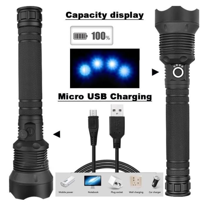 Terlaris Senter Led Xhp70.2 90000 Lumens / Senter Super Terang Jarak Jauh Zoom Baterai Charger Lampu