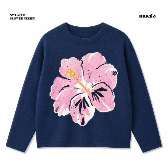 Maelio - Floral Sweater Crop Oversize Motif Bunga Rajut Acrylic Premium