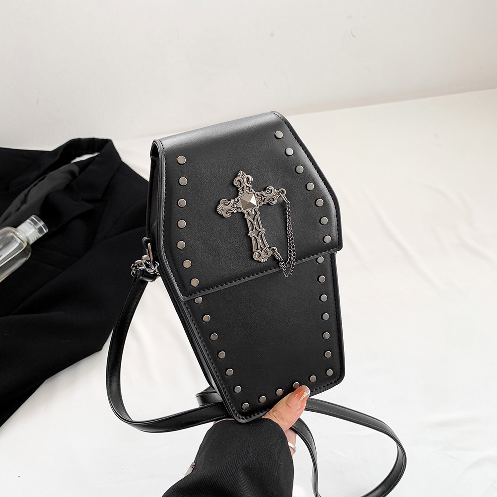Tas Selempang Wanita Peti Mati Gothic Rantai Bisa Diatur Y2K Tas Ponsel Kulit PU Unik Halloween