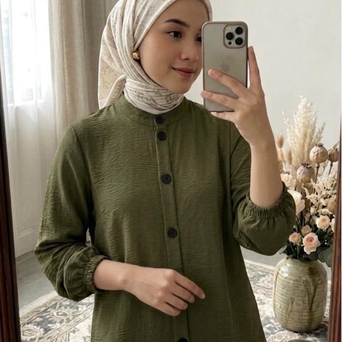 Atasan Wanita Cringkle Polos - Tunik Hijab Lengan Panjang Kekinian - Baju Tunik Bahan Adem Jumbo