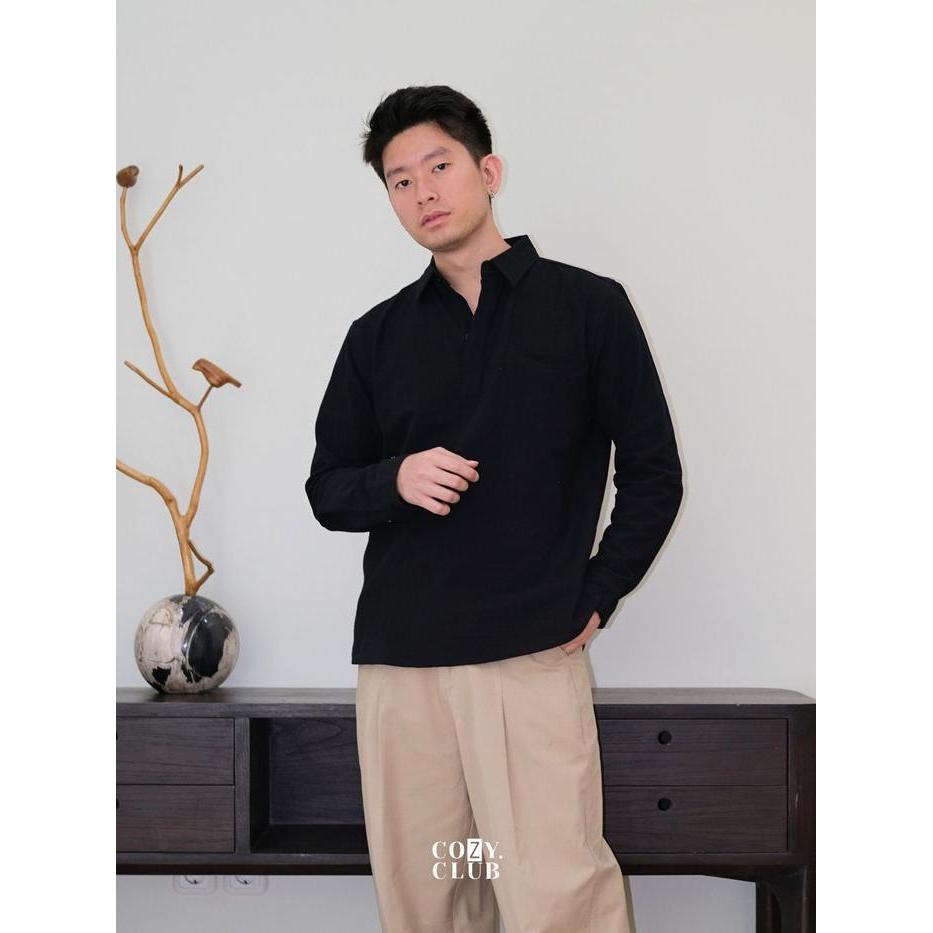 Cozyclub Linen Longsleeve Polo Kaos Kerah Pria Linen Lengan Panjang 191 Pasti Ori