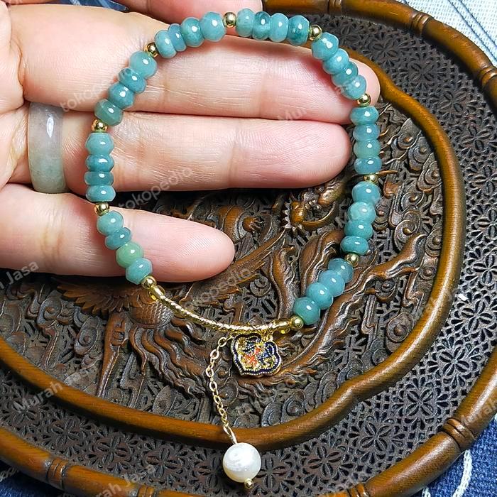 TERLARIS Gelang Giok Burma Jadeite blue water rondelle + sertifikat Murah
