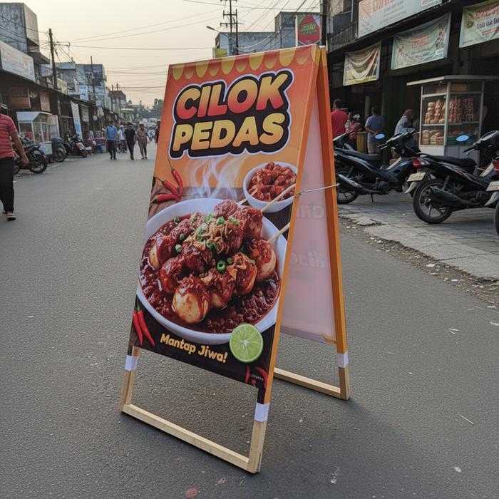 Stand Banner Kayu Portable Display Promosi Usaha Umkm, Jajanan, Booth, Caf + Free Desain Banner