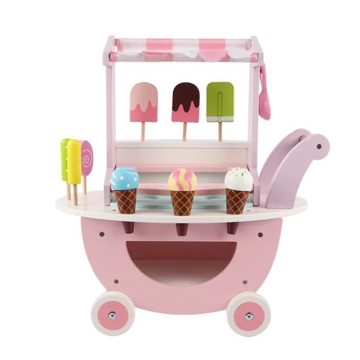 ` Trolley ice cream mainan edukasi kayu es krim gerobak dorongan anak