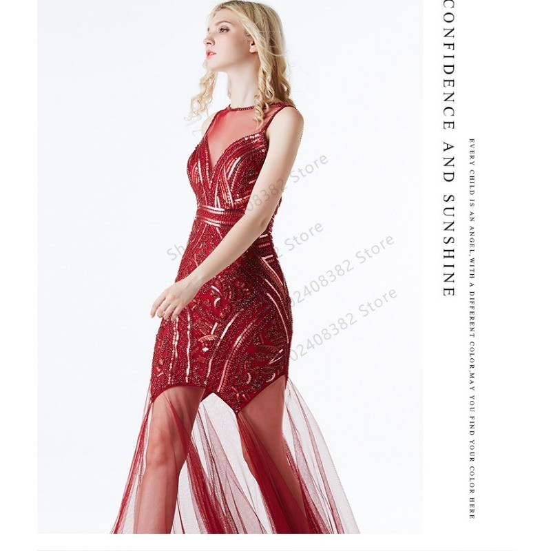 Women's 1920s Sequin Gatsby Maxi Dress Sleeveless Tulle Long Flapper Evening Cosplay Party Gown