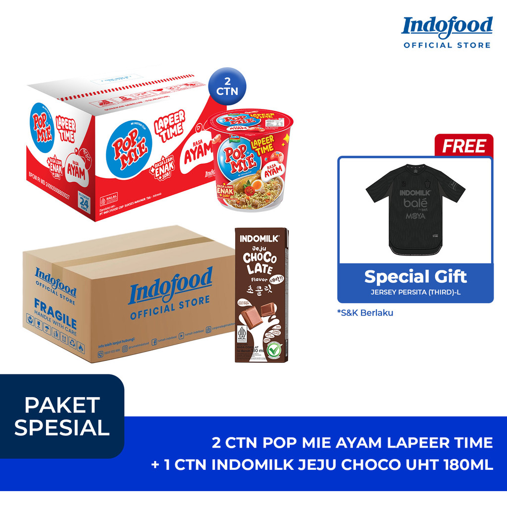 [PAKET SPESIAL JERSEY] 48 PCS POP MIE AYAM LAPEER TIME + 30 PCS  INDOMILK JEJU CHOCOLATE UHT 180ML
