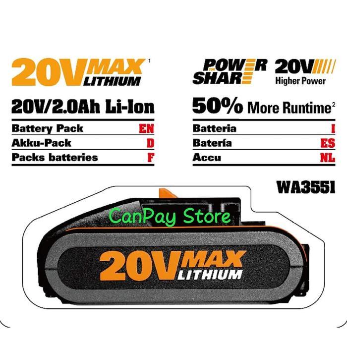 WORX Battery WA3553 Baterai (20V Maks) 4,0Ah Batre worx