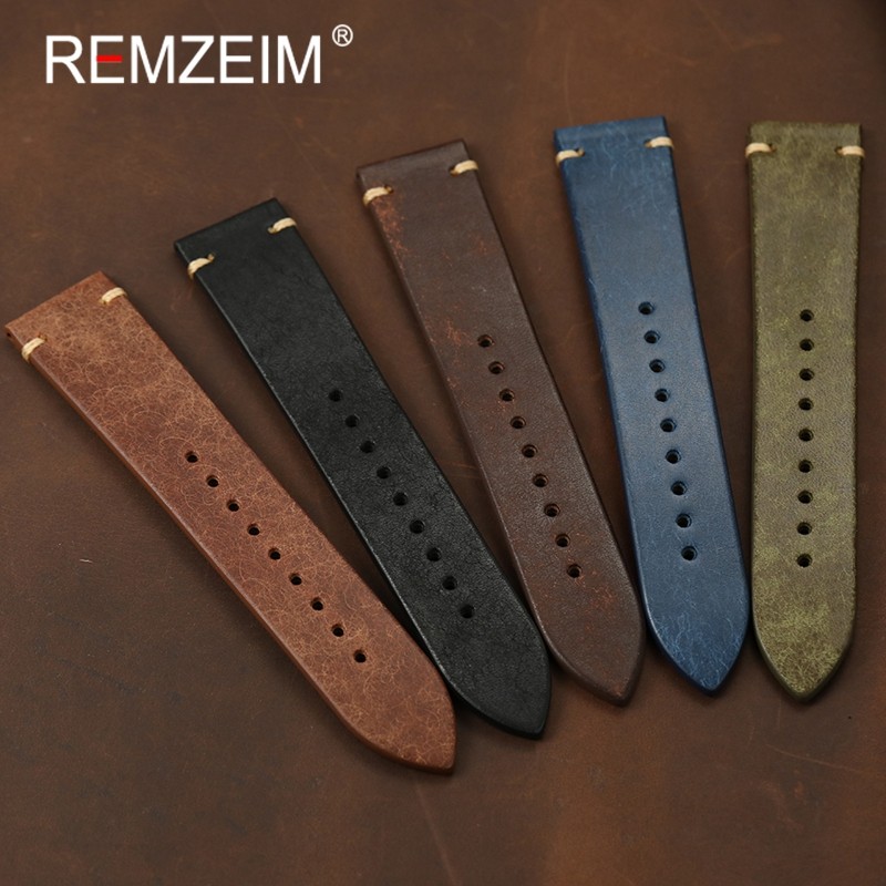 Tali Jam Tangan Kulit Sapi Asli Handmade 20mm 22mm Pengganti Gelang Pria Wanita Hitam Biru Coklat