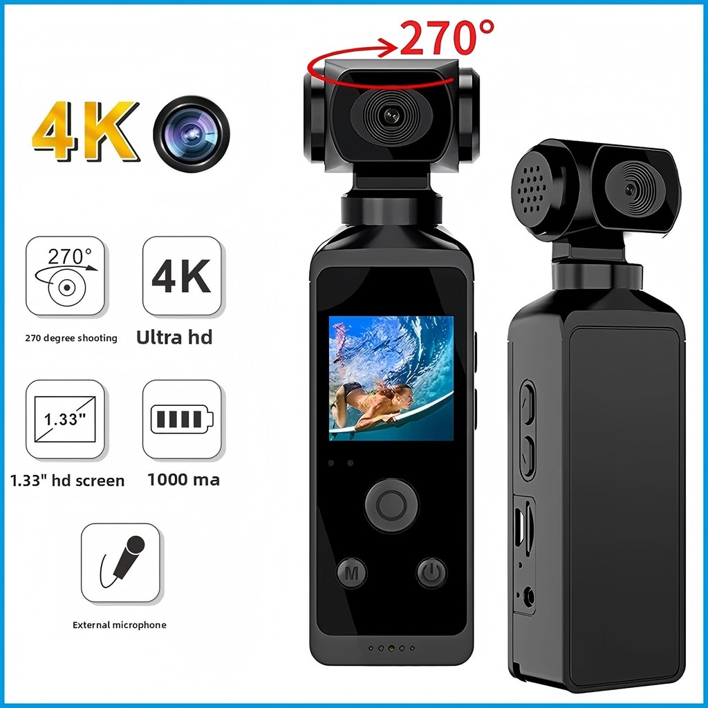 4K 270 Rotatable Pocket Action Camera, Portable Mini Vlog Cam with External Mic