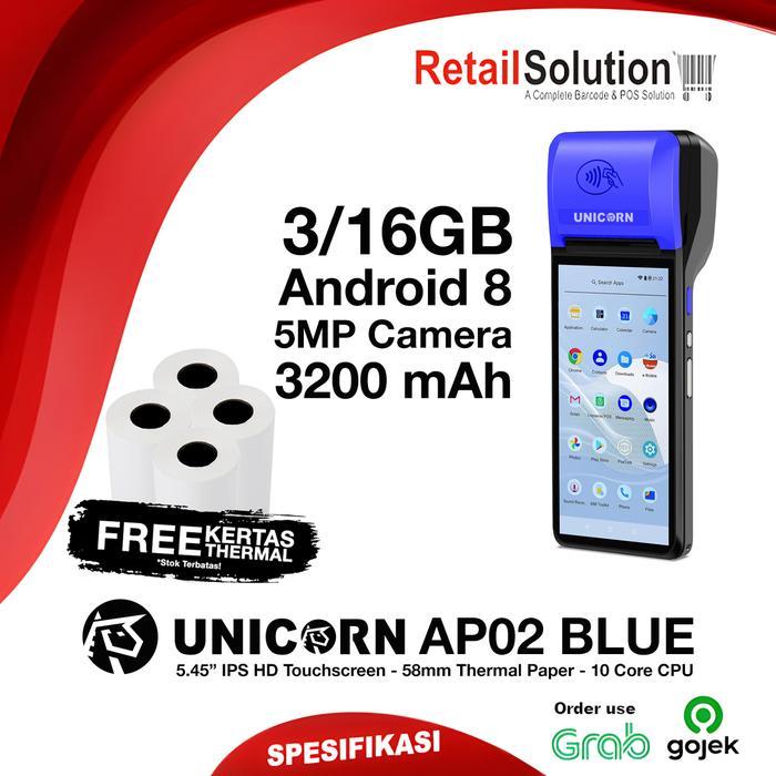 UNICORN AP02 AP-02 Blue - Mesin Kasir Android Portable NFC 3/16GB