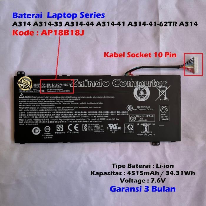BATERAI LAPTOP SERIES A314 A314-33 A314-44 A314-41 A314-41-62TR A314 KODE AP18B18J